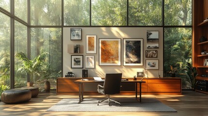 Wall Mural - Sunlit modern office, wood desk, nature view.