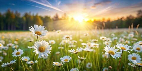 Sticker - Serene Sunset Over a Field of Daisies, Illuminating a Peaceful Meadow