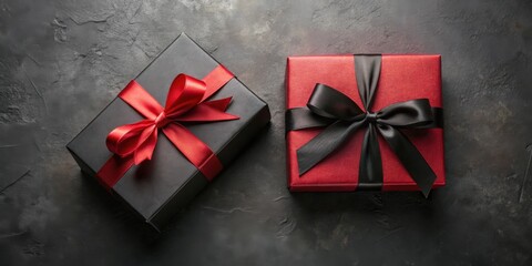 Wall Mural - A black and red gift set, featuring a black box with a red ribbon and a red box with a black ribbon, presented on a dark background.