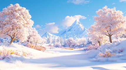 Wall Mural - idyllic snowy landscape with pink trees, snow-covered mountains, and birds in flight under a bright 