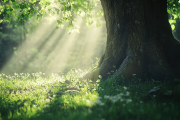 Wall Mural - Sunlight filters through tree leaves, illuminating a serene forest scene.