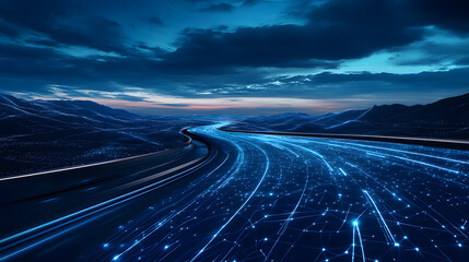Aufkleber - Vibrant blue light trails illuminate a winding highway at dusk