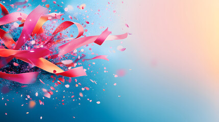 Poster - Colorful ribbons and confetti explode against a soft blue and pink background