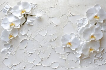 Wall Mural - White orchid flower on a white textured background, space for a text. Large white Orchid flowers in the panoramic image. Panorama, a banner with space for text or insertion.