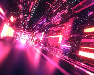 Poster - Abstract digital tunnel with glowing neon lights and vibrant colors.