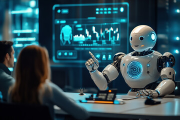 Advanced robot demonstrating analytics to a captivated audience in a modern office setting