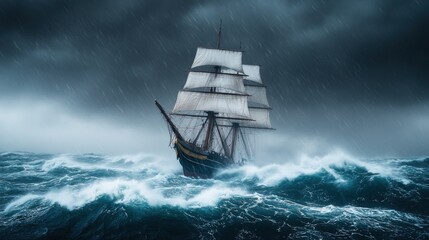 Canvas Print - Tall ship battling stormy ocean, heavy rain.