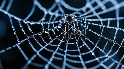 A close-up of a spider web adorned with water droplets.