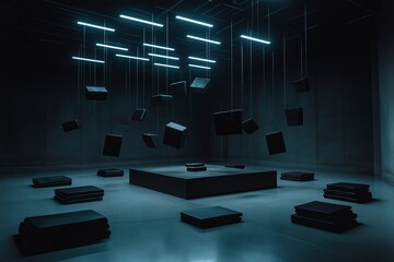 Poster - A room where gravity doesn’t exist, with objects floating in all directions.