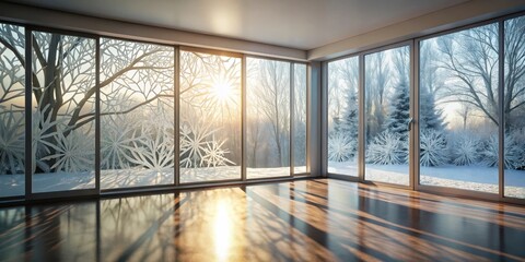 Wall Mural - Sunlit Winter Wonderland Viewed Through Frost-Etched Glass Doors in an Empty Room