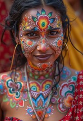 Wall Mural - Indian woman portrait evoking Jaisalmer Desert Festival. Patterns, colors, culture of India. Traditional celebrations in the world concept.