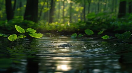 Wall Mural - Serene forest pool with ripple effect from a falling stone.