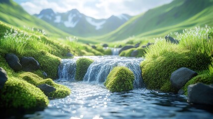 Wall Mural - Serene mountain stream flowing through lush green valley.