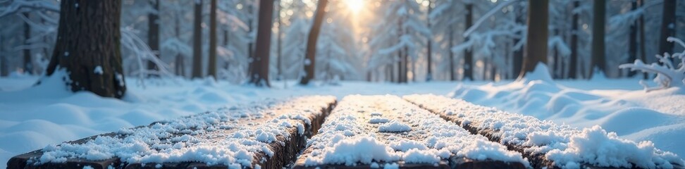 Poster - Fresh snow on rustic plank, frosted forest scene, cold, plank, wintery