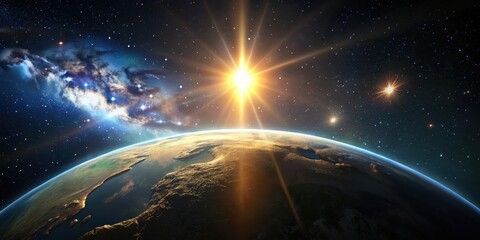 Wall Mural - a radiant sunrise over a planet, seen from space, showcasing a nebula and distant stars
