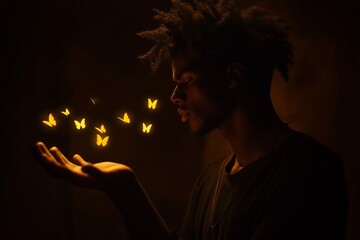 Poster - A shadowy silhouette of a man with glowing butterflies flying out of his fingertips