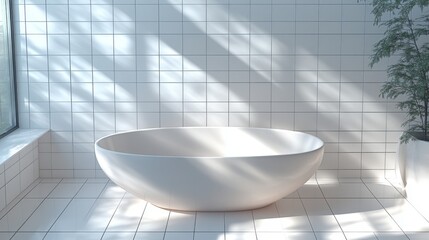 Poster - Elegant modern bathroom featuring a minimalist oval tub bathed in soft natural light with serene tile and greenery