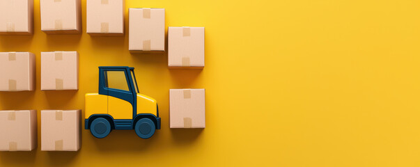 Poster - Bright Yellow Background with Delivery Vehicle and Cardboard Boxes Arrangement