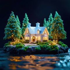 Poster - Small white house with a porch is surrounded by trees