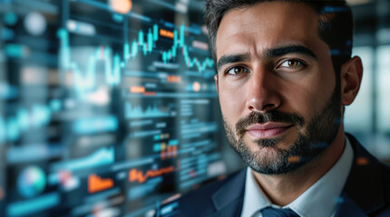 Poster - Focused businessman analyzing data charts on screen Serious expression strategic thinking