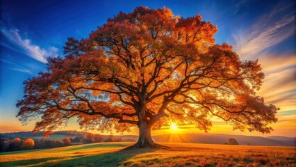 Wall Mural - Autumnal Majesty A Single, Large Deciduous Tree Silhouetted Against a Vibrant Sunset Over a Rolling Meadow