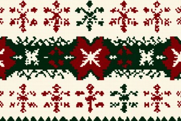 A holiday card, poster, or banner template image with a Christmas sweater knitting design in red, green, and white.