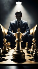 Chess Strategy Concept with Golden King Piece Under Spotlight, Dark Cinematic Mood, Businessman in Suit in Background, Gold and Grey Aesthetic for Success and Leadership Themes