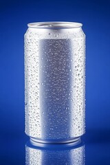 Poster - Refreshing Coolness A Chilled Aluminum Beverage Can with Condensation on Vibrant Blue