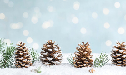 Aufkleber - Pine cones and green sprigs in snowy winter setting with blue bokeh background, festive holiday theme