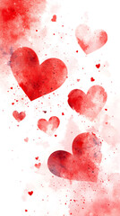 Poster - Red watercolor hearts falling over a white background creating a romantic Valentine's Day atmosphere