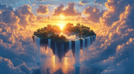 Canvas Print - Sunset, floating island, waterfall, clouds, idyllic.