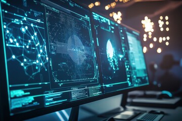 Fototapete - Advanced data visualization on multiple screens in a modern tech workspace at night