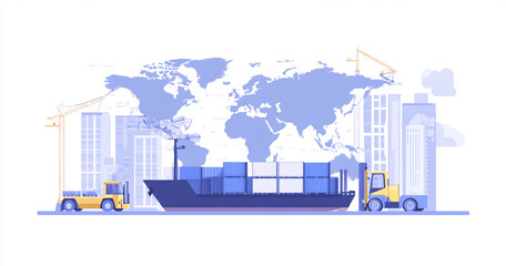 Poster - Global Freight and Logistics with Ship and Trucks on World Map Background
