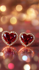 Poster - Two heart-shaped ruby earrings reflecting on a shiny surface with bokeh effect, perfect for Valentine's Day gift