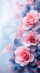 Poster - Delicate pink roses and blue leaves create a dreamy and romantic bouquet, perfect for Valentine's Day celebrations