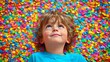 © WAFIQ - A joyful child lies on colorful confetti, smiling and enjoying a playful moment.