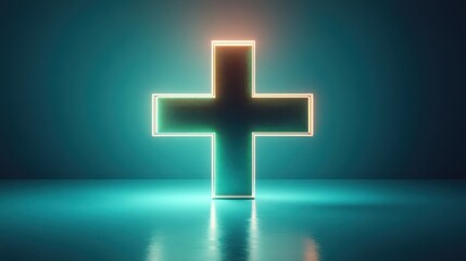 Fototapete - Glowing green plus sign floating in a serene dark background, creating a captivating visual contrast
