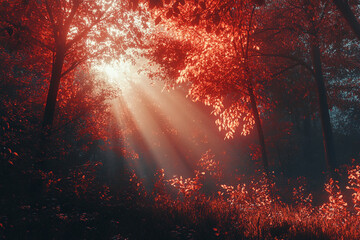 Poster - Enchanting forest bathed in red autumn sunlight with rays illuminating serene nature. Autumn background