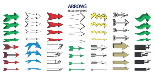 Wall Mural - Set of 3D arrow icons. Plasticine style symbols with direction indicators and up, down, right and left pointing signs. Set of various color 3d arrrow icons