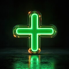 Poster - Glowing green plus sign with neon effect shines in dark environment creating a striking visual appeal