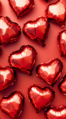 Poster - Red heart shaped balloons lying on a red background creating a romantic Valentine's Day atmosphere