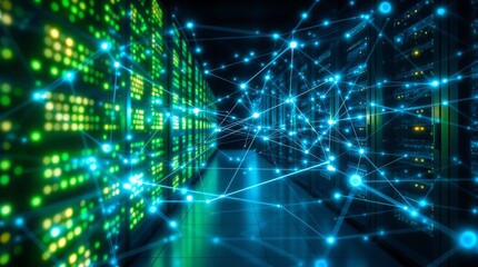 Poster - Abstract Technology Background of Data Center with Interconnected Servers, Blue and Green Glowing Network