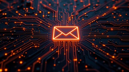 Poster - Intricately Designed Circuit Board with Glowing Red 3D Email Icon, Representing Digital Communication