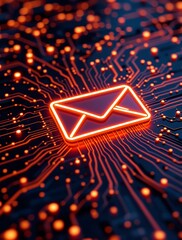 Poster - Intricately Designed Circuit Board with Glowing Red 3D Email Icon, Representing Digital Communication