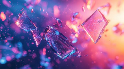 Poster - Vibrant shattered glass fragments illuminated by neon pink and blue light creating an enchanting visual display