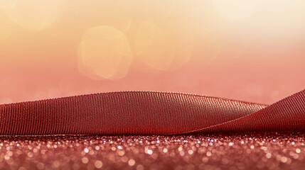 Poster - Red textured ribbon on glittering surface with warm golden background for celebrations