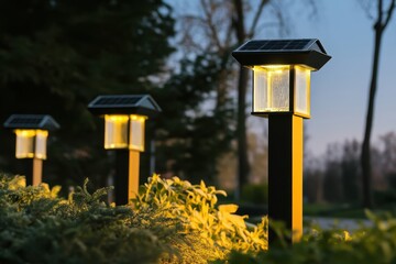 Sticker - Beautiful solar lights illuminate a garden path during twilight hours