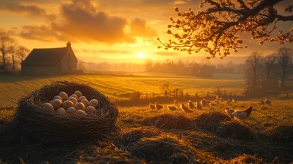 Wall Mural - Sunrise over idyllic farm with hens and eggs.