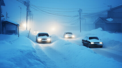 Wall Mural - Traffic in snowy city.