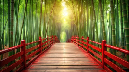 Poster - Serene Path Through a Bamboo Forest A Red Wooden Bridge Leads to Sunlight